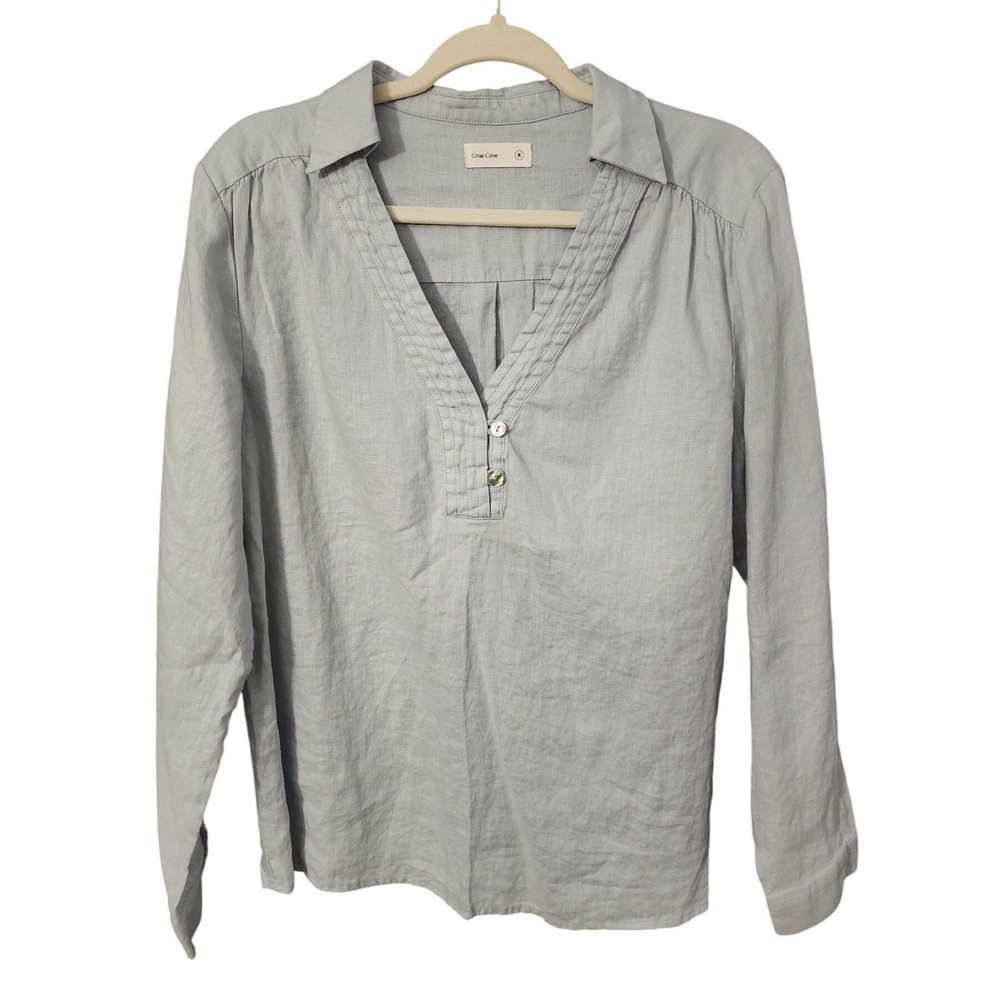 Grae Cove Women's Linen Blouse Light Blue V-Neck Long Sleeve, M